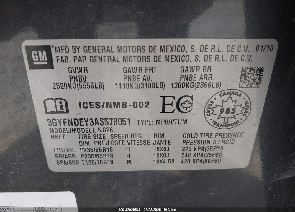 2010 CADILLAC SRX VIN: 3GYFNDEY3AS578051