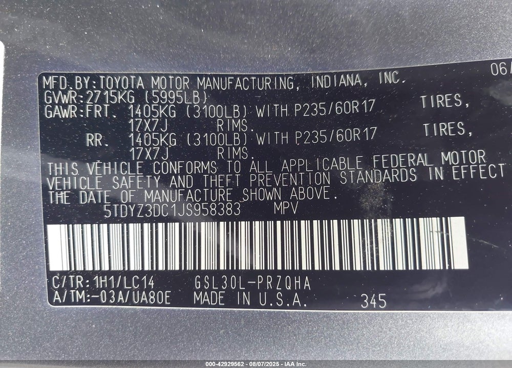 2018 TOYOTA SIENNA XLE 8 PASSENGER VIN: 5TDYZ3DC1JS958383