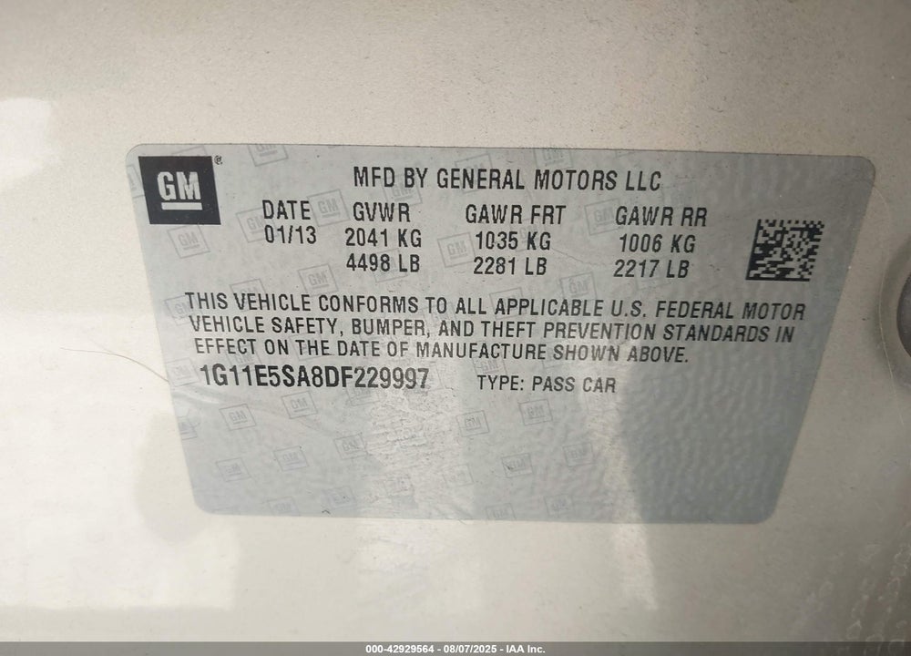 2013 CHEVROLET MALIBU VIN: 1G11E5SA8DF229997