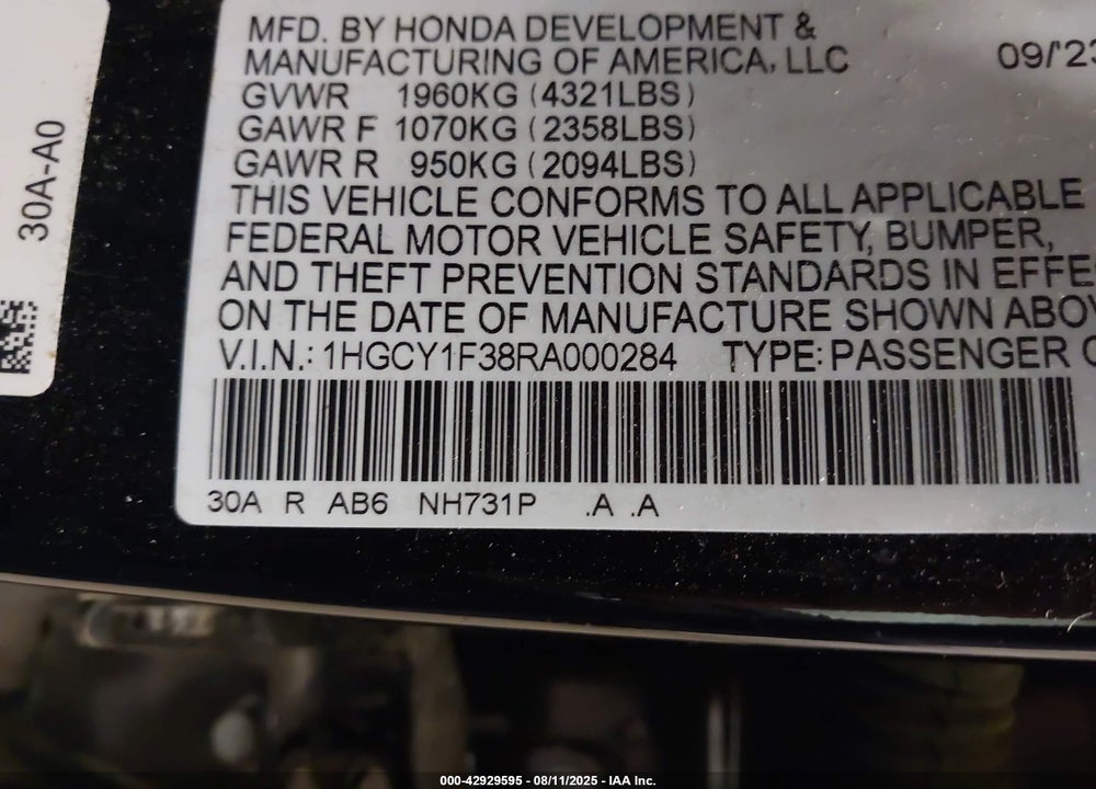 2024 HONDA ACCORD VIN: 1HGCY1F38RA000284