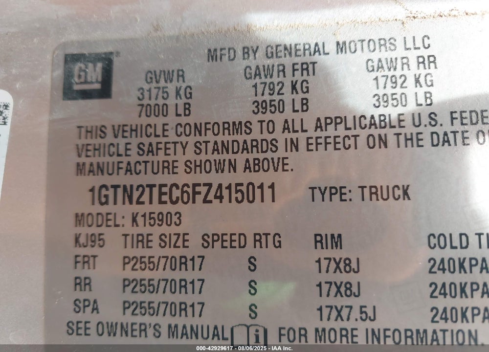 2015 GMC SIERRA 1500 VIN: 1GTN2TEC6FZ415011