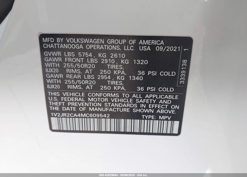 2021 VOLKSWAGEN ATLAS VIN: 1V2JR2CA4MC609542