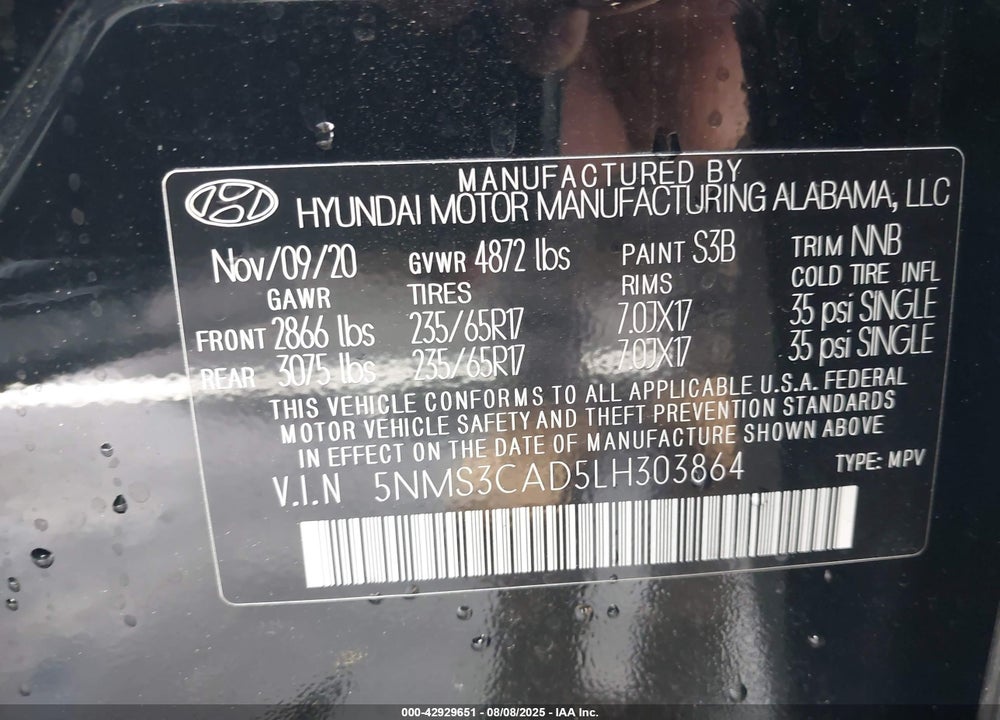 2020 HYUNDAI SANTA FE SEL VIN: 5NMS3CAD5LH303864
