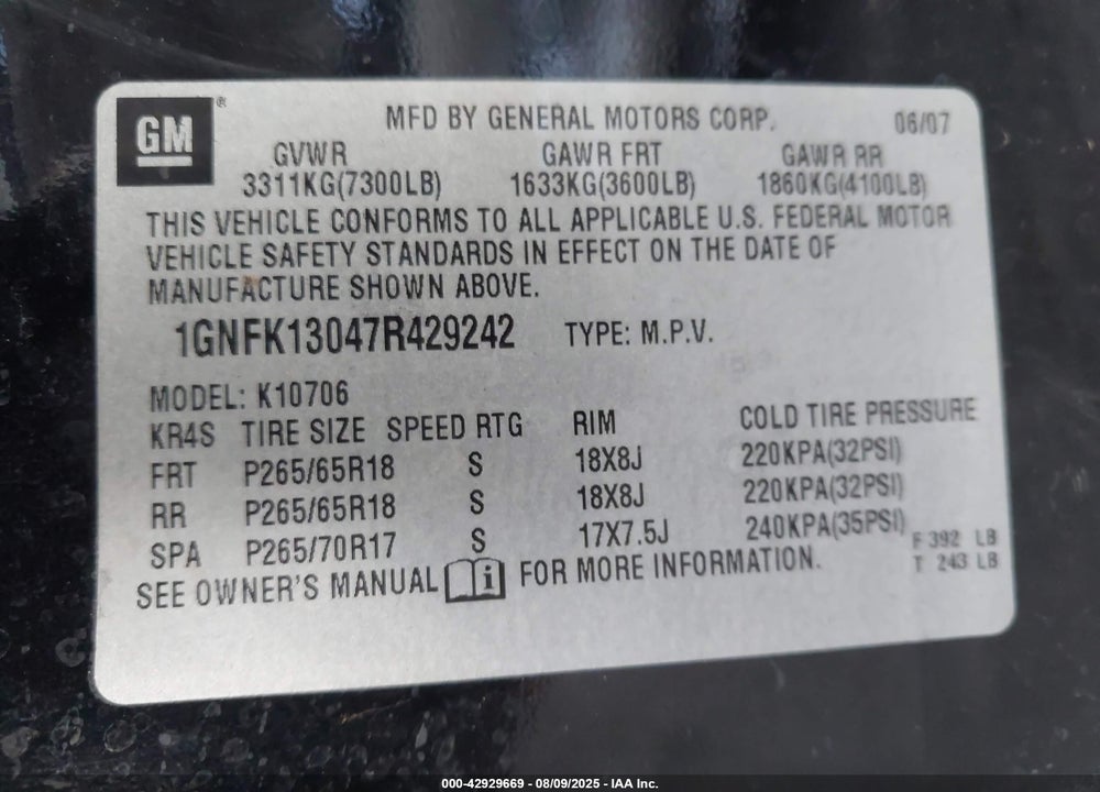 2007 CHEVROLET TAHOE LT VIN: 1GNFK13047R429242