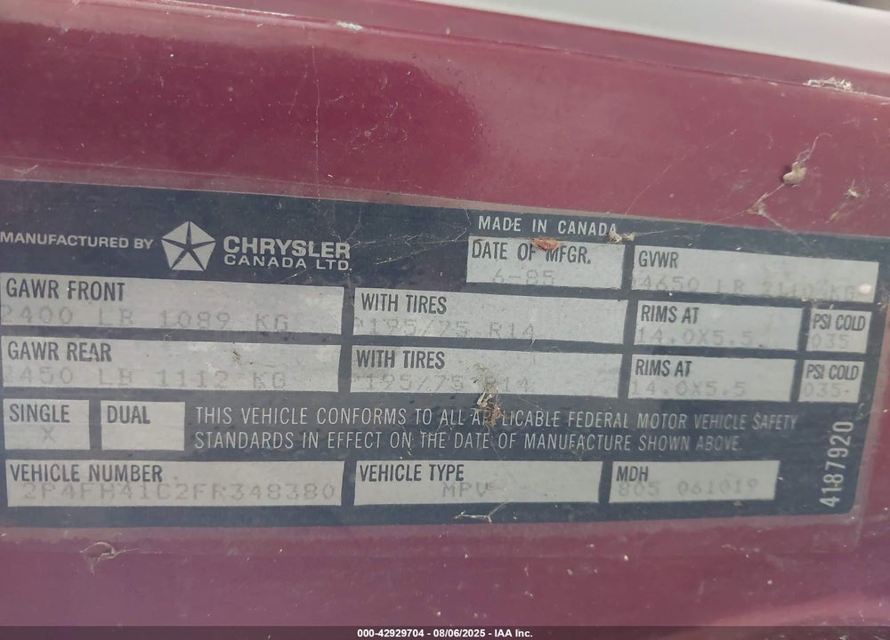 1985 PLYMOUTH VOYAGER SE VIN: 2P4FH41C2FR348380