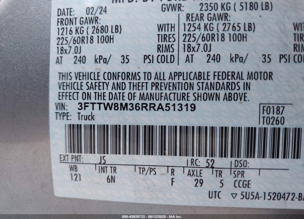 2024 FORD MAVERICK VIN: 3FTTW8M36RRA51319