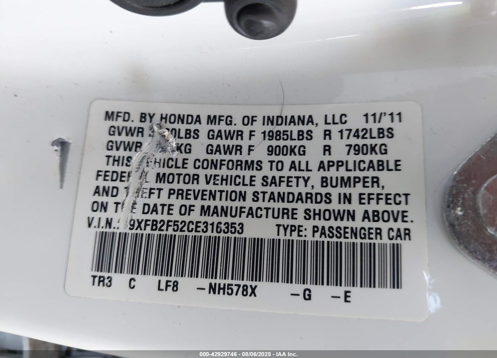 2012 HONDA CIVIC LX VIN: 19XFB2F52CE316353