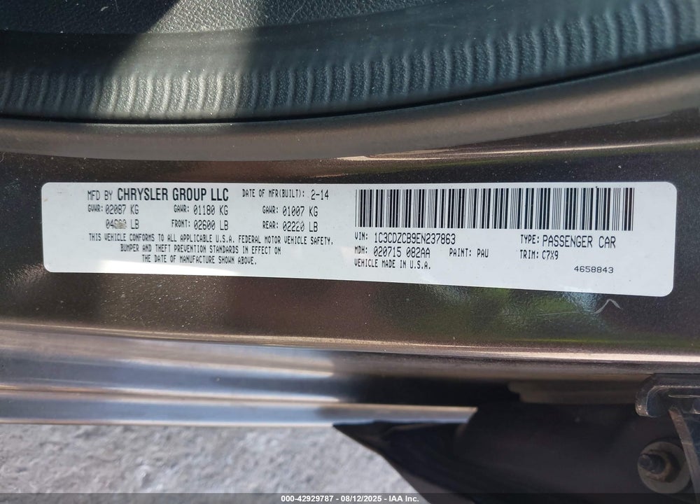 2014 DODGE AVENGER VIN: 1C3CDZCB9EN237863