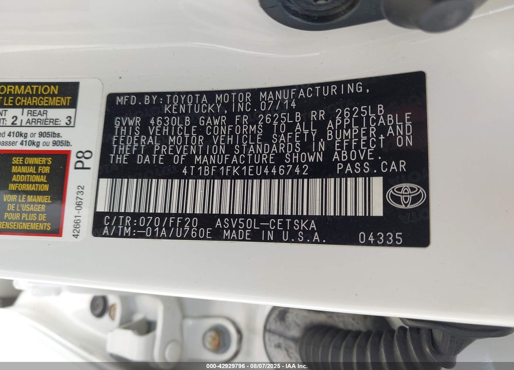 2014 TOYOTA CAMRY VIN: 4T1BF1FK1EU446742