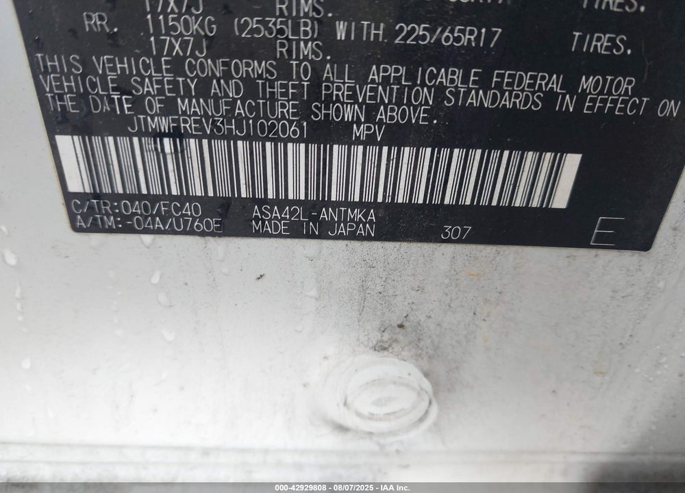 2017 TOYOTA RAV4 VIN: JTMWFREV3HJ102061