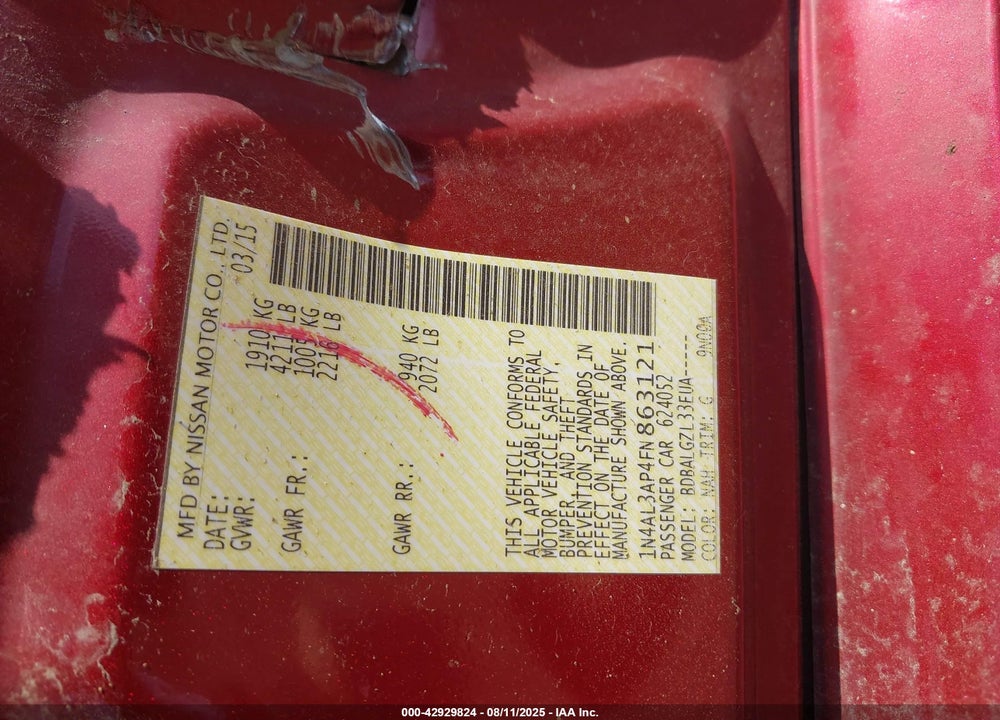 2015 NISSAN ALTIMA VIN: 1N4AL3AP4FN863121