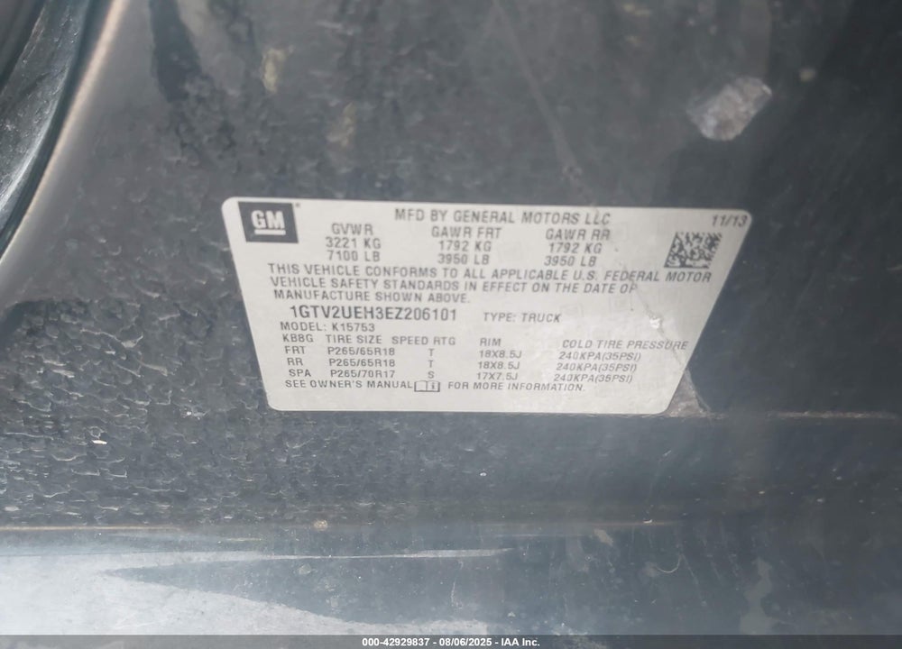 2014 GMC SIERRA 1500 VIN: 1GTV2UEH3EZ206101