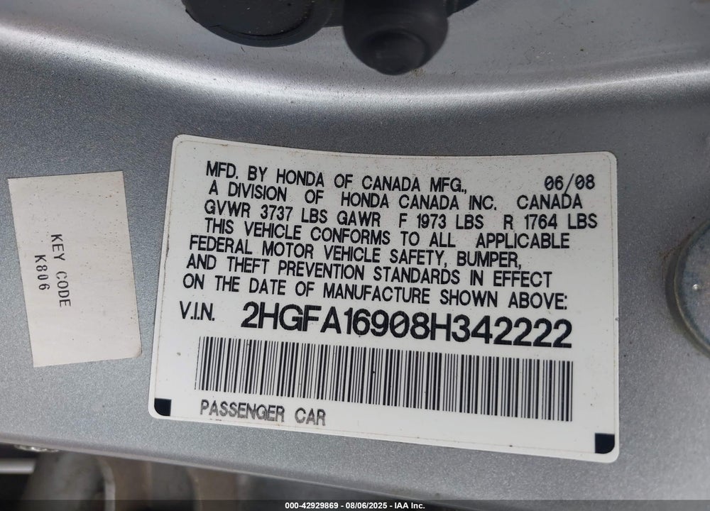 2008 HONDA CIVIC EX-L VIN: 2HGFA16908H342222