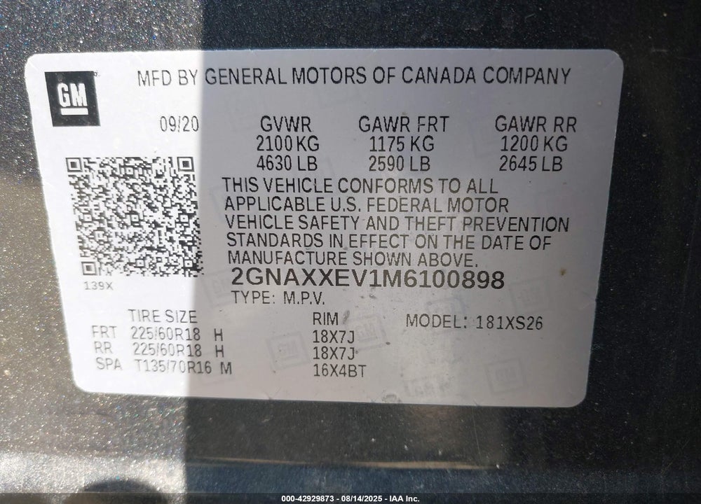 2021 CHEVROLET EQUINOX AWD PREMIER VIN: 2GNAXXEV1M6100898