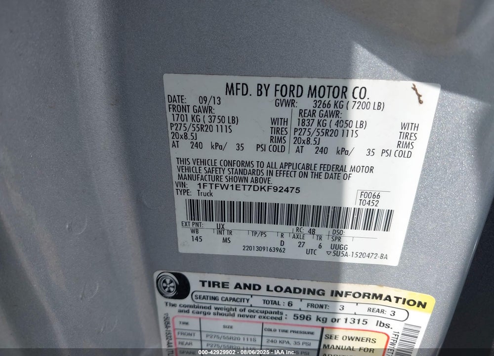 2013 FORD F-150 VIN: 1FTFW1ET7DKF92475