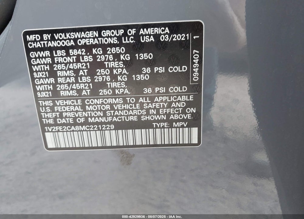 2021 VOLKSWAGEN ATLAS CROSS SPORT VIN: 1V2FE2CA8MC221229