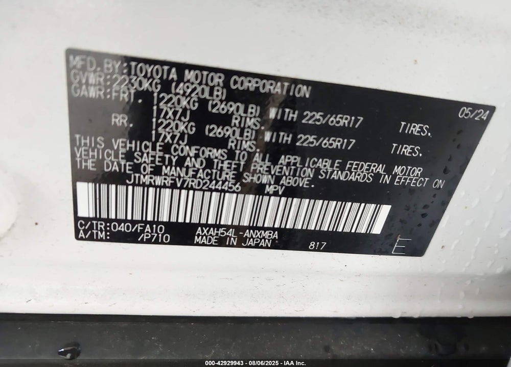 2024 TOYOTA RAV4 HYBRID XLE VIN: JTMRWRFV7RD244456