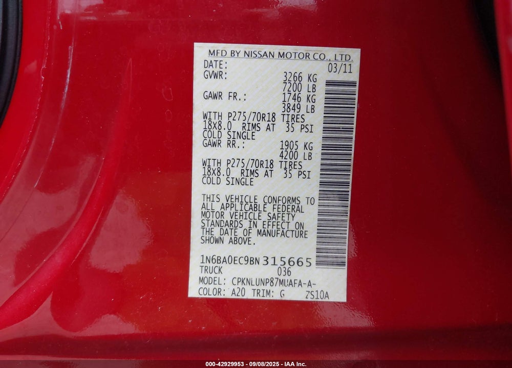2011 NISSAN TITAN VIN: 1N6BA0EC9BN315665
