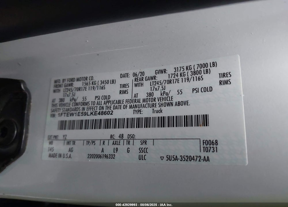 2020 FORD F-150 XL VIN: 1FTEW1E59LKE48602