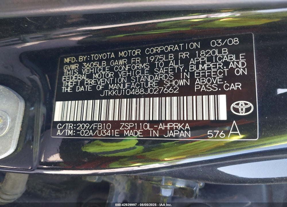 2008 SCION XD VIN: JTKKU10488J027662