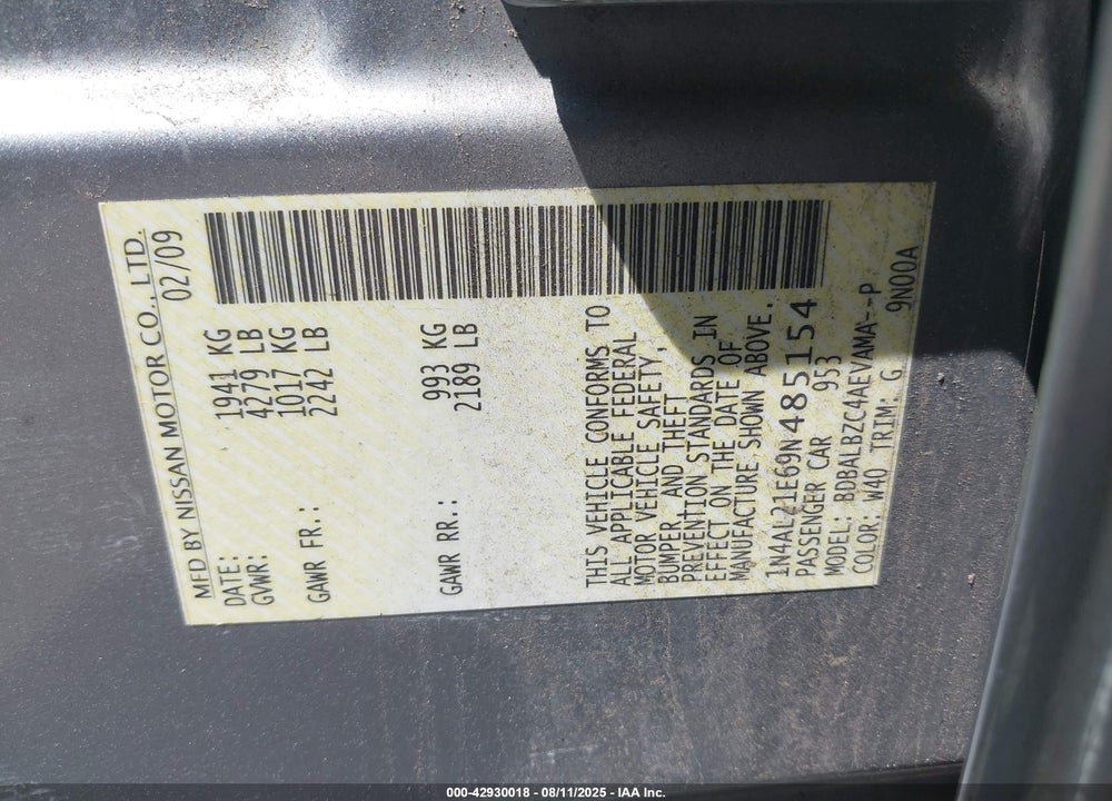 2009 NISSAN ALTIMA VIN: 1N4AL21E69N485154