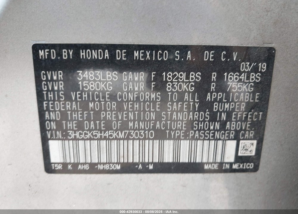 2019 HONDA FIT VIN: 3HGGK5H45KM730310