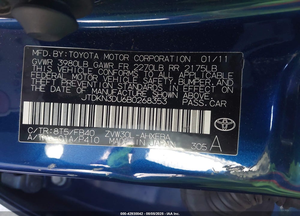 2011 TOYOTA PRIUS VIN: JTDKN3DU6B0268353