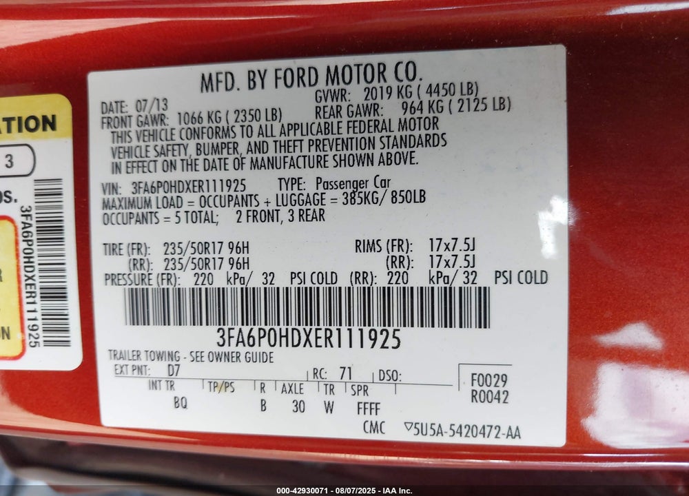 2014 FORD FUSION SE VIN: 3FA6P0HDXER111925