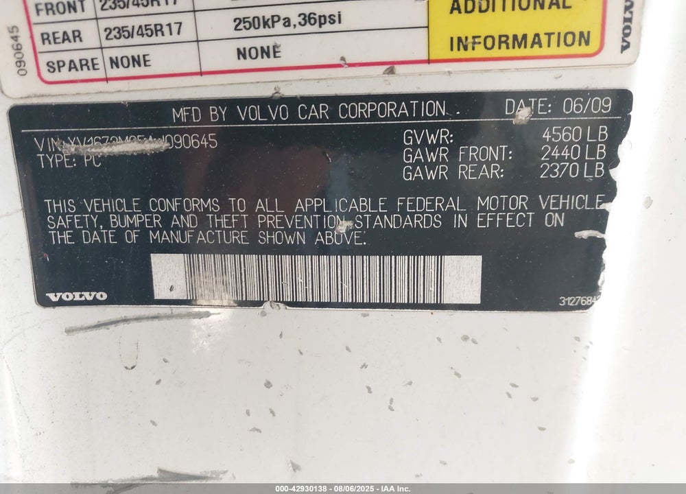 2010 VOLVO C70 VIN: YV1672MC5AJ090645