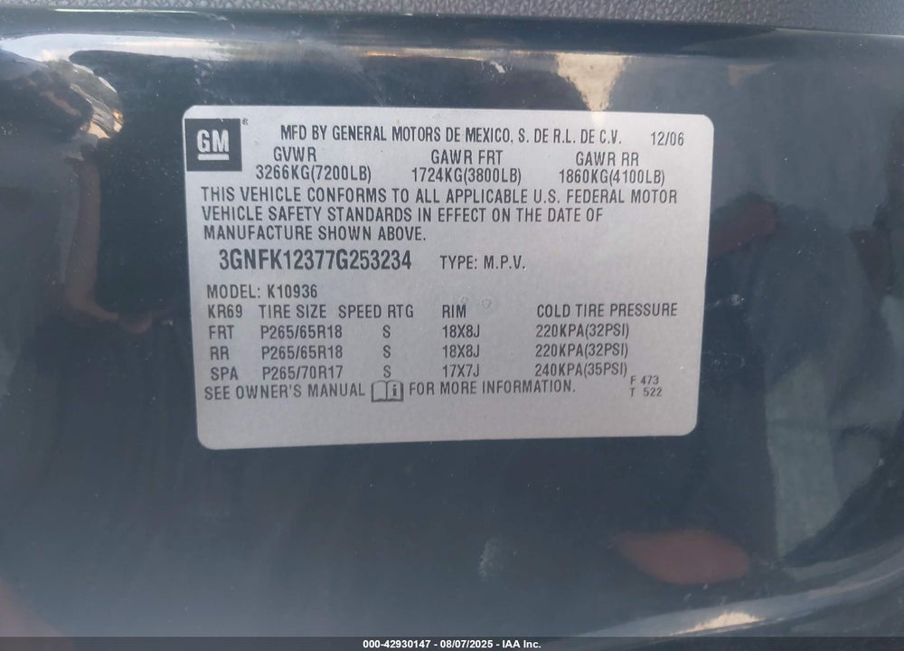2007 CHEVROLET AVALANCHE 1500 LT VIN: 3GNFK12377G253234