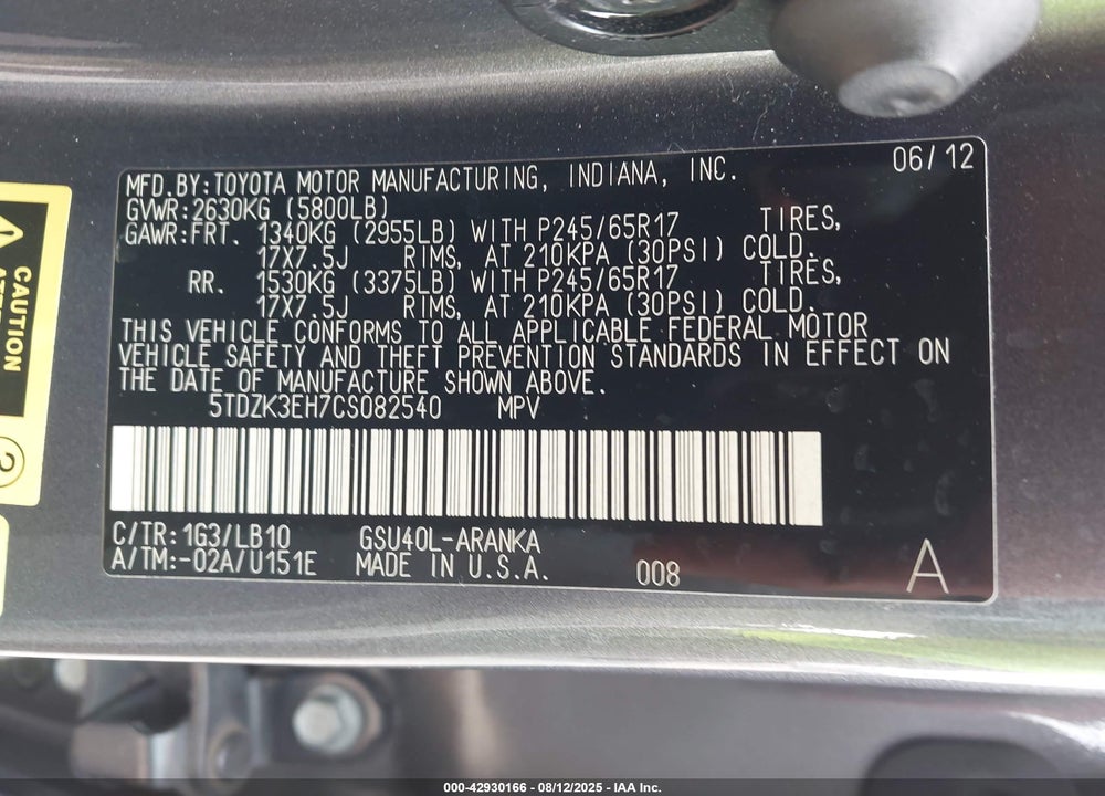2012 TOYOTA HIGHLANDER VIN: 5TDZK3EH7CS082540