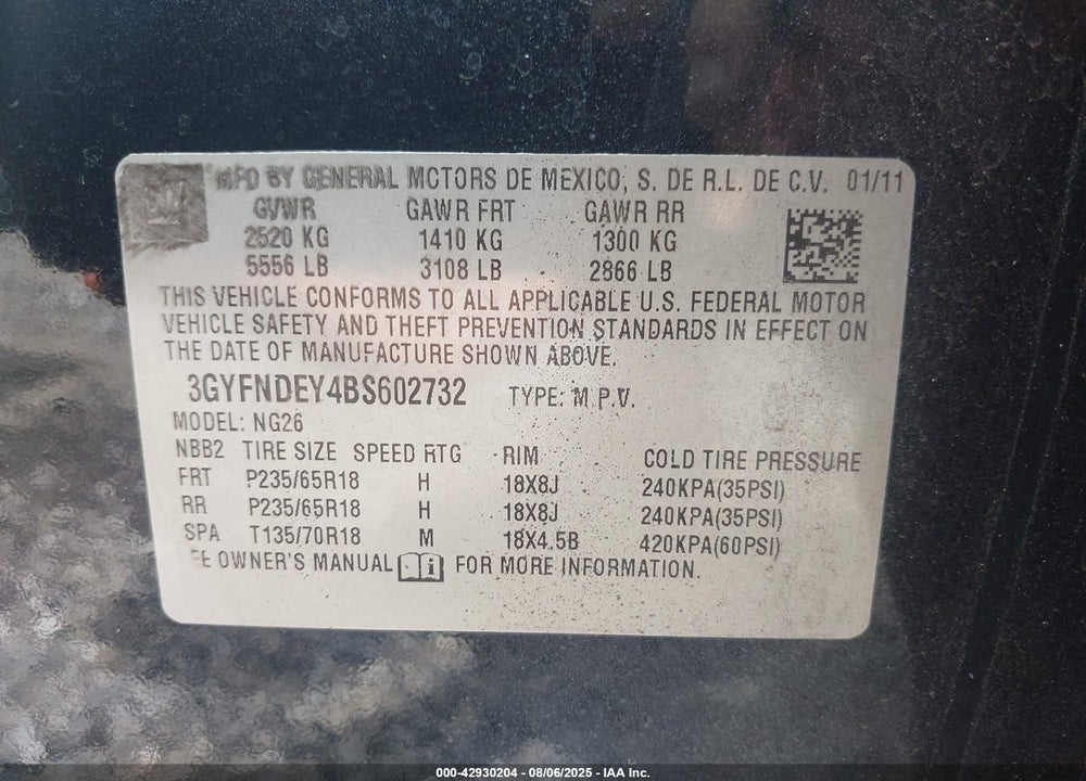 2011 CADILLAC SRX VIN: 3GYFNDEY4BS602732