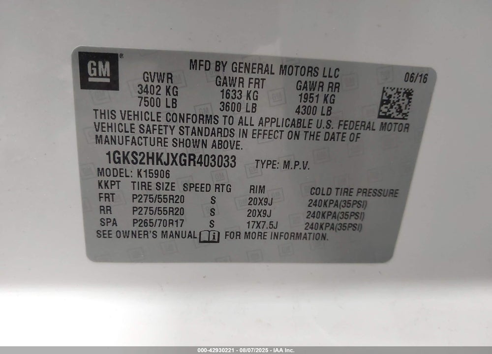 2016 GMC YUKON XL VIN: 1GKS2HKJXGR403033