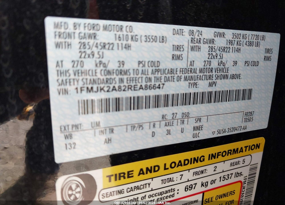 2024 FORD EXPEDITION LIMITED MAX VIN: 1FMJK2A82REA86647