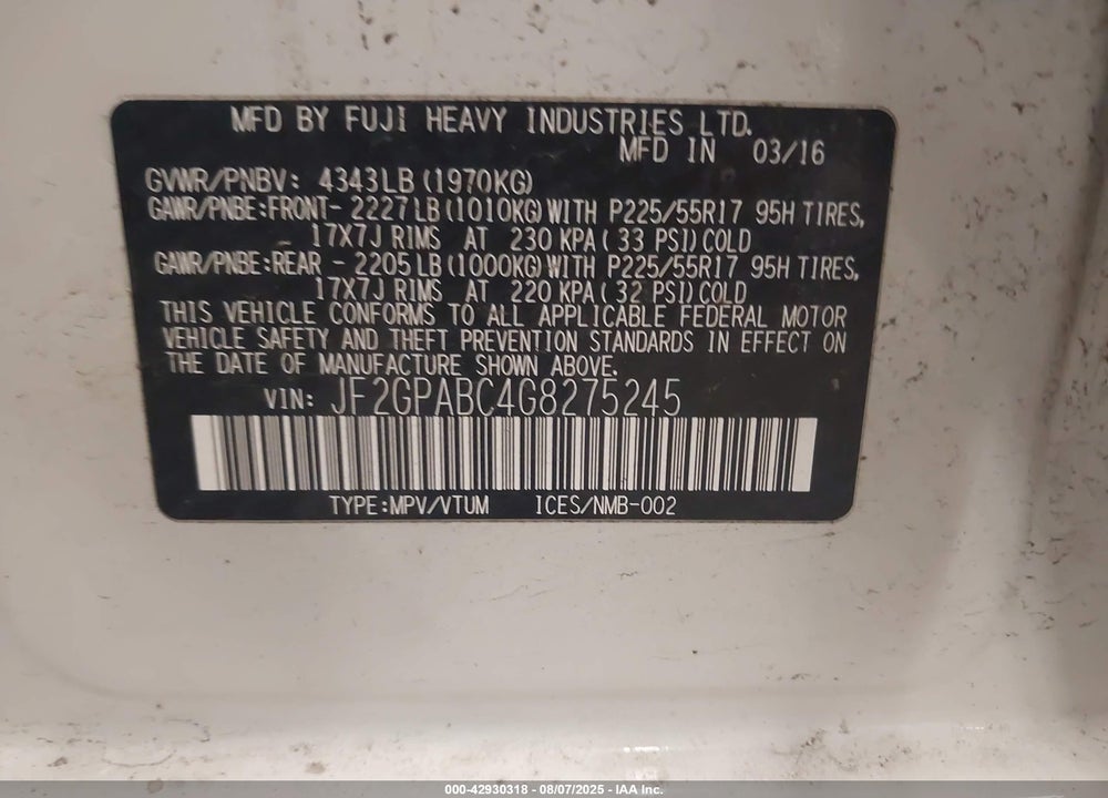 2016 SUBARU CROSSTREK VIN: JF2GPABC4G8275245