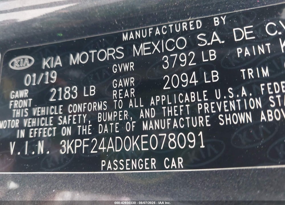 2019 KIA FORTE LXS VIN: 3KPF24AD0KE078091