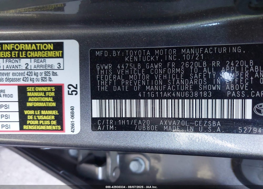 2022 TOYOTA CAMRY VIN: 4T1G11AK4NU638183