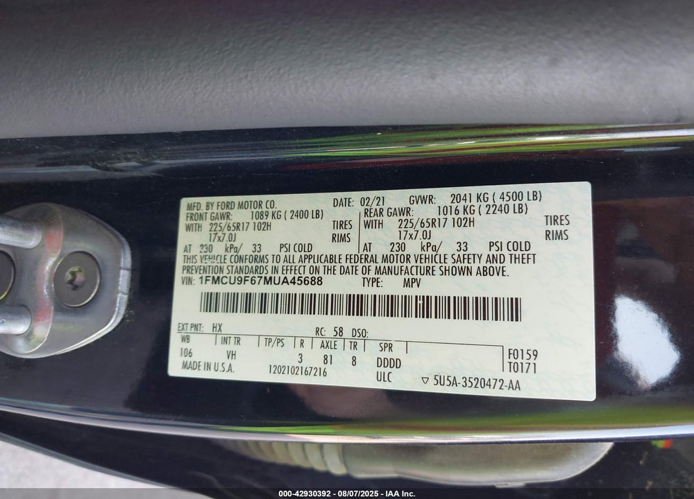 2021 FORD ESCAPE VIN: 1FMCU9F67MUA45688