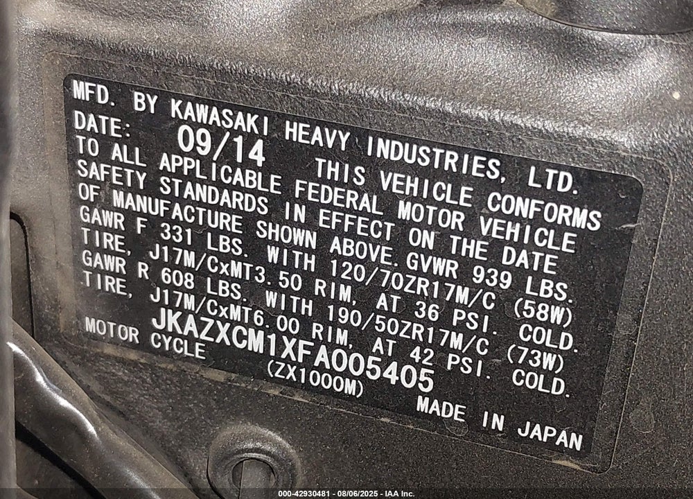 2015 KAWASAKI ZX1000 M VIN: JKAZXCM1XFA005405