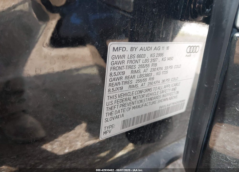 2017 AUDI Q7 3.0T PREMIUM VIN: WA1LAAF75HD036964