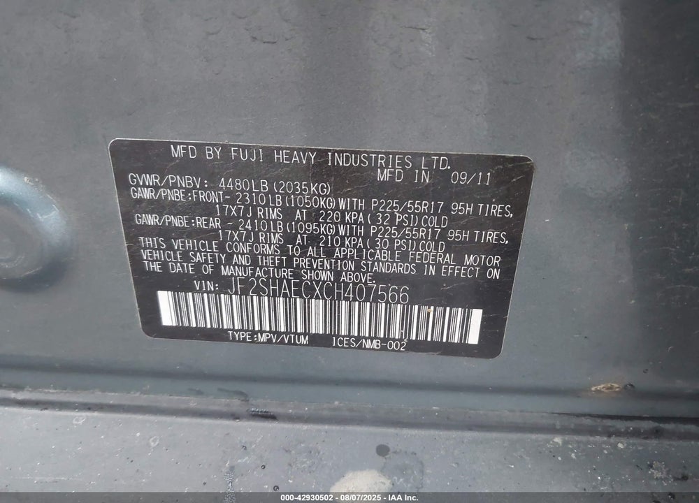 2012 SUBARU FORESTER VIN: JF2SHAECXCH407566