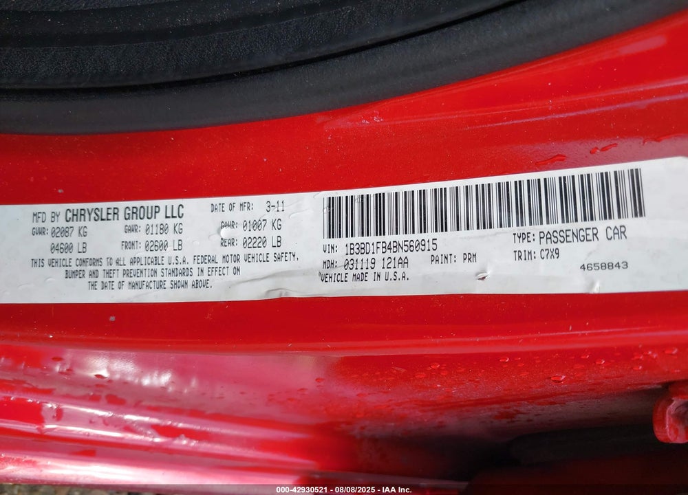 2011 DODGE AVENGER VIN: 1B3BD1FB4BN560915
