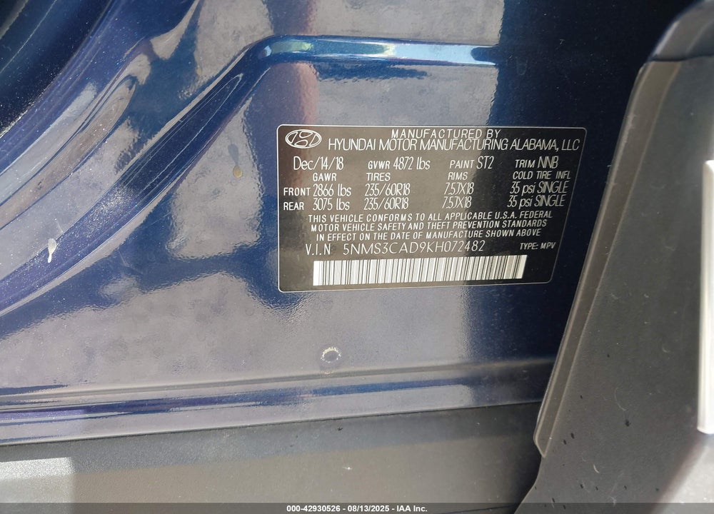 2019 HYUNDAI SANTA FE VIN: 5NMS3CAD9KH072482