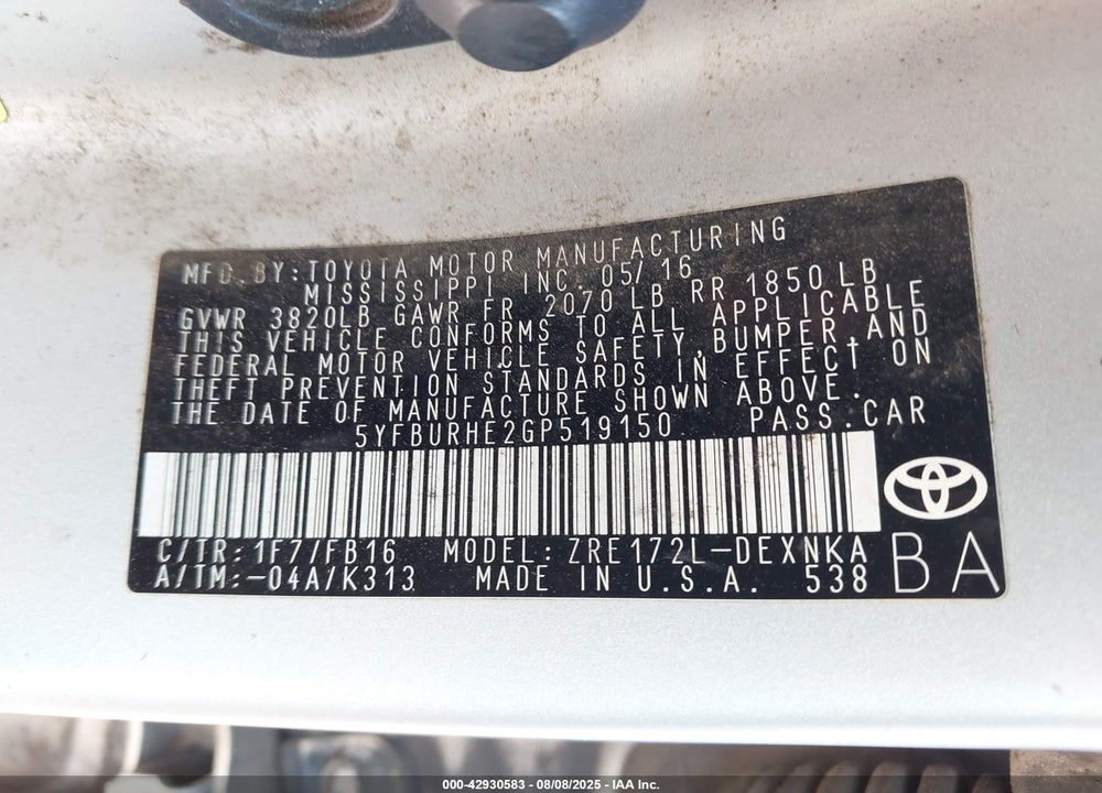 2016 TOYOTA COROLLA VIN: 5YFBURHE2GP519150