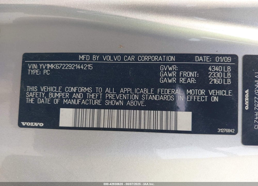 2009 VOLVO C30 T5/T5 R-DESIGN VIN: YV1MK672292144215