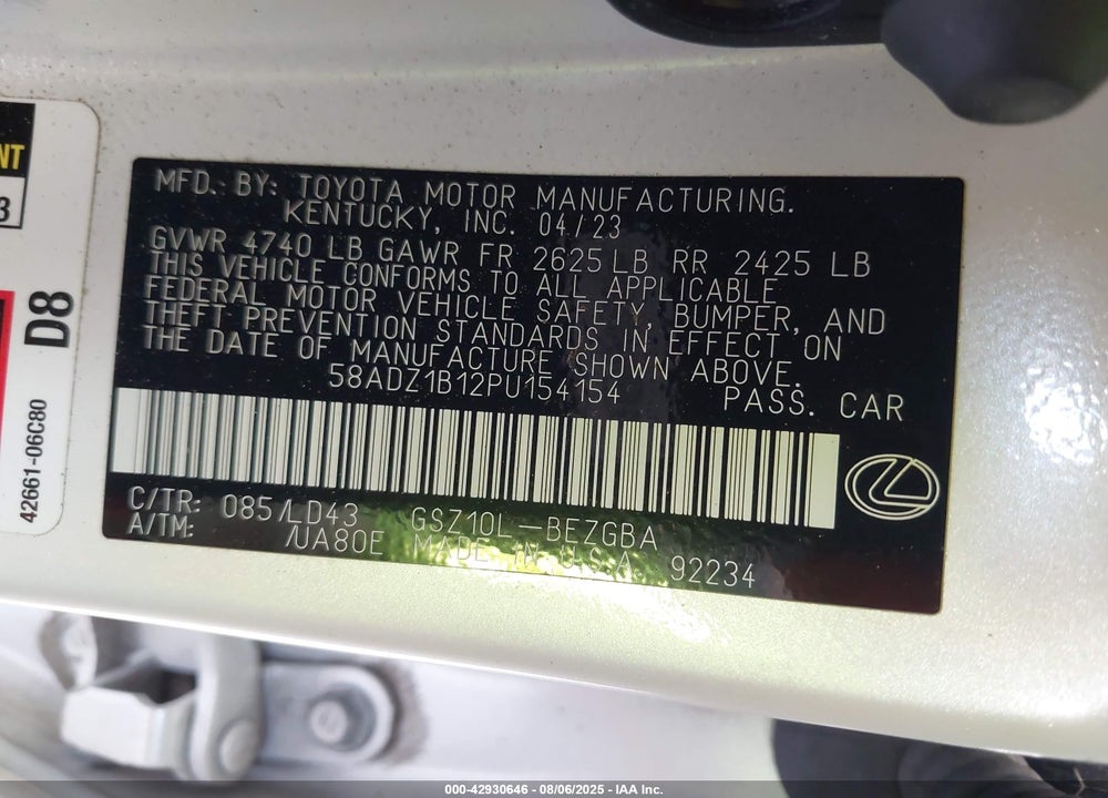 2023 LEXUS ES 350 VIN: 58ADZ1B12PU154154