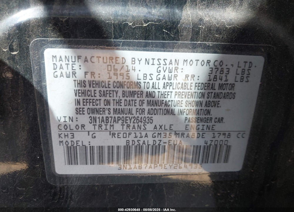 2014 NISSAN SENTRA VIN: 3N1AB7AP9EY264935