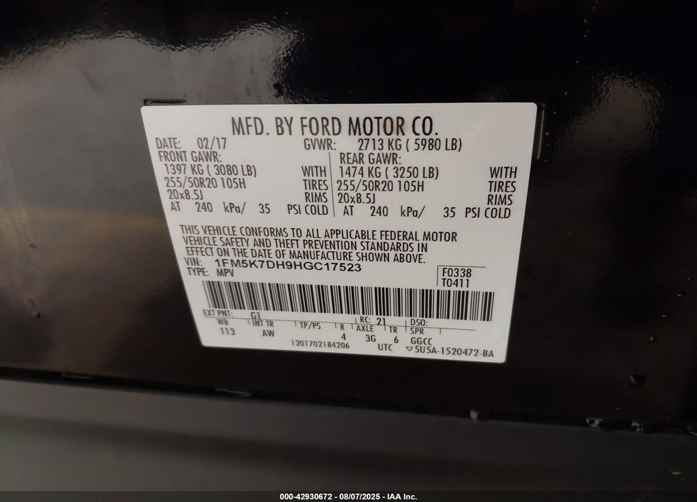 2017 FORD EXPLORER XLT VIN: 1FM5K7DH9HGC17523