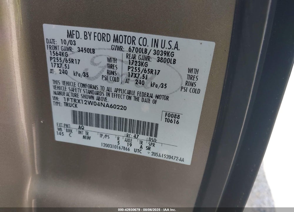 2004 FORD F-150 STX/XL/XLT VIN: 1FTRX12W04NA60220