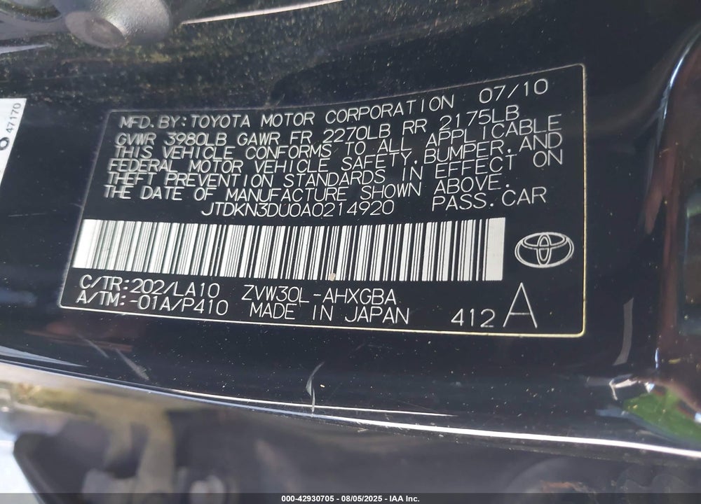 2010 TOYOTA PRIUS IV VIN: JTDKN3DU0A0214920